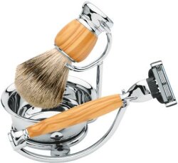 Erbe Shaving Shop Rasierset vierteilig, Olivenholz, Gillette Mach 3, mit Schale