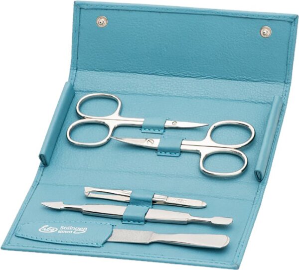 4031683092057 - Erbe Collection fünfteiliges Manicure Set im Leder-Druckknopf-Etui meerblau